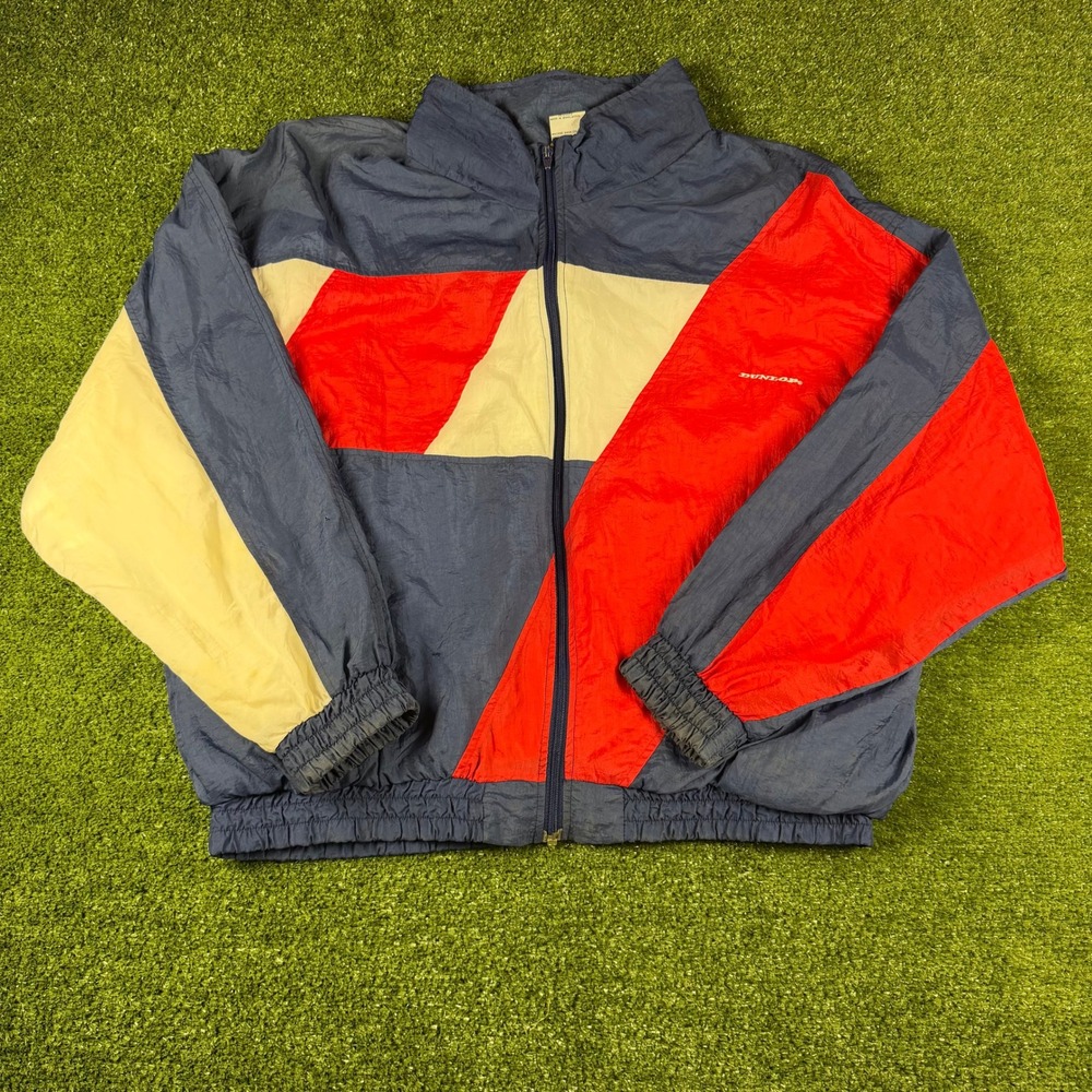 Dunlop Vintage Windbreaker Jacket Mens XL Navy Blue Red Colorblock Full Zip 90s